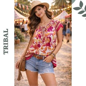 Tribal Floral Boho Blouse XS NWT Pink Yellow